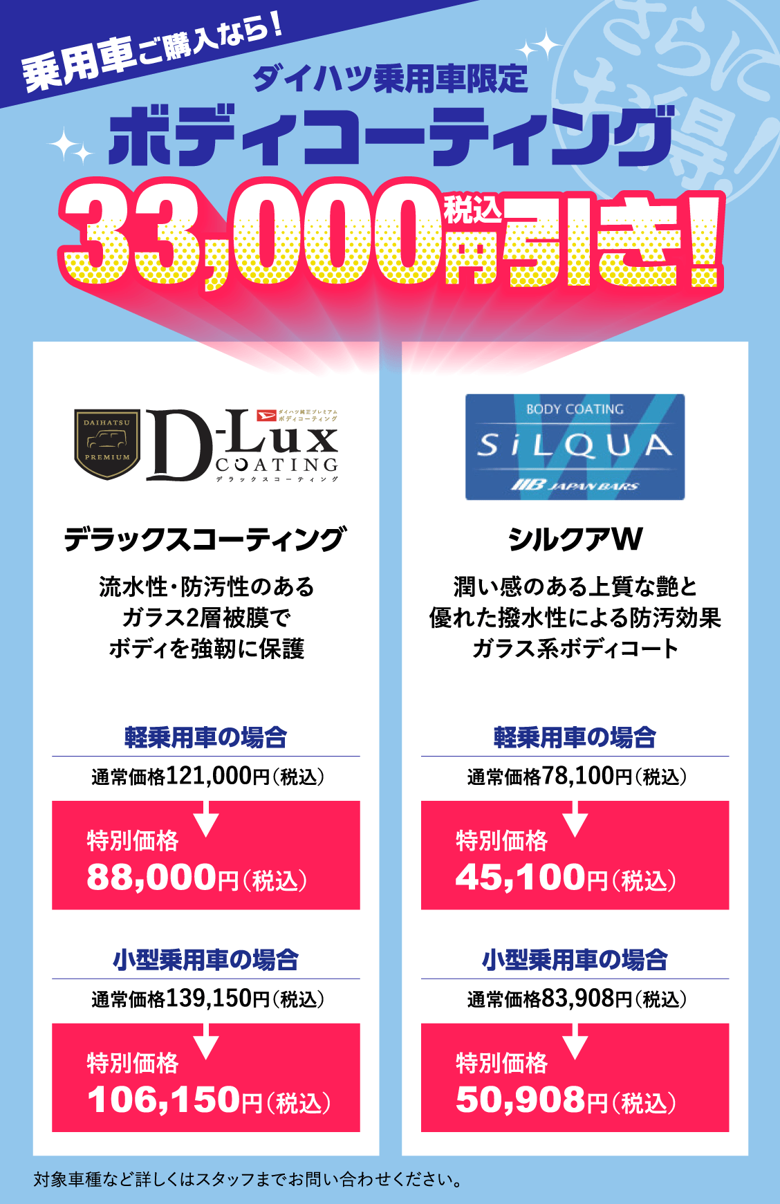 乗用車ご購入なら！ダイハツ乗用車限定ボディコーティング33,000円引き！